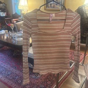 Burnt orange and cream stripped blouse with a square neckline